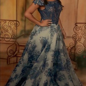 BLUE OFF THE SHOULDER, FLOOR LENGTH PROM DRESS